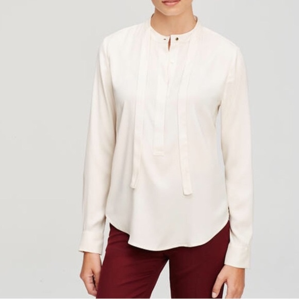Ann Taylor silky tie neck blouse in whitecap